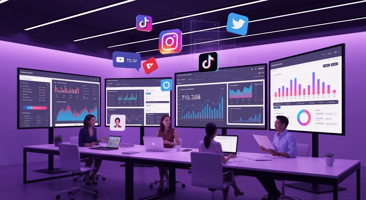 Modern social media marketing workspace featuring multiple high-resolution displays showcasing vibrant social media analytics dashboards, real-time engagement metrics, and viral content performance graphs. The scene captures a cutting-edge creative environment with purple and pink ambient lighting, holographic social media platform icons floating in the air, and a dynamic marketing team collaborating on innovative campaign strategies. The workspace embodies the intersection of creativity and data-driven marketing excellence.